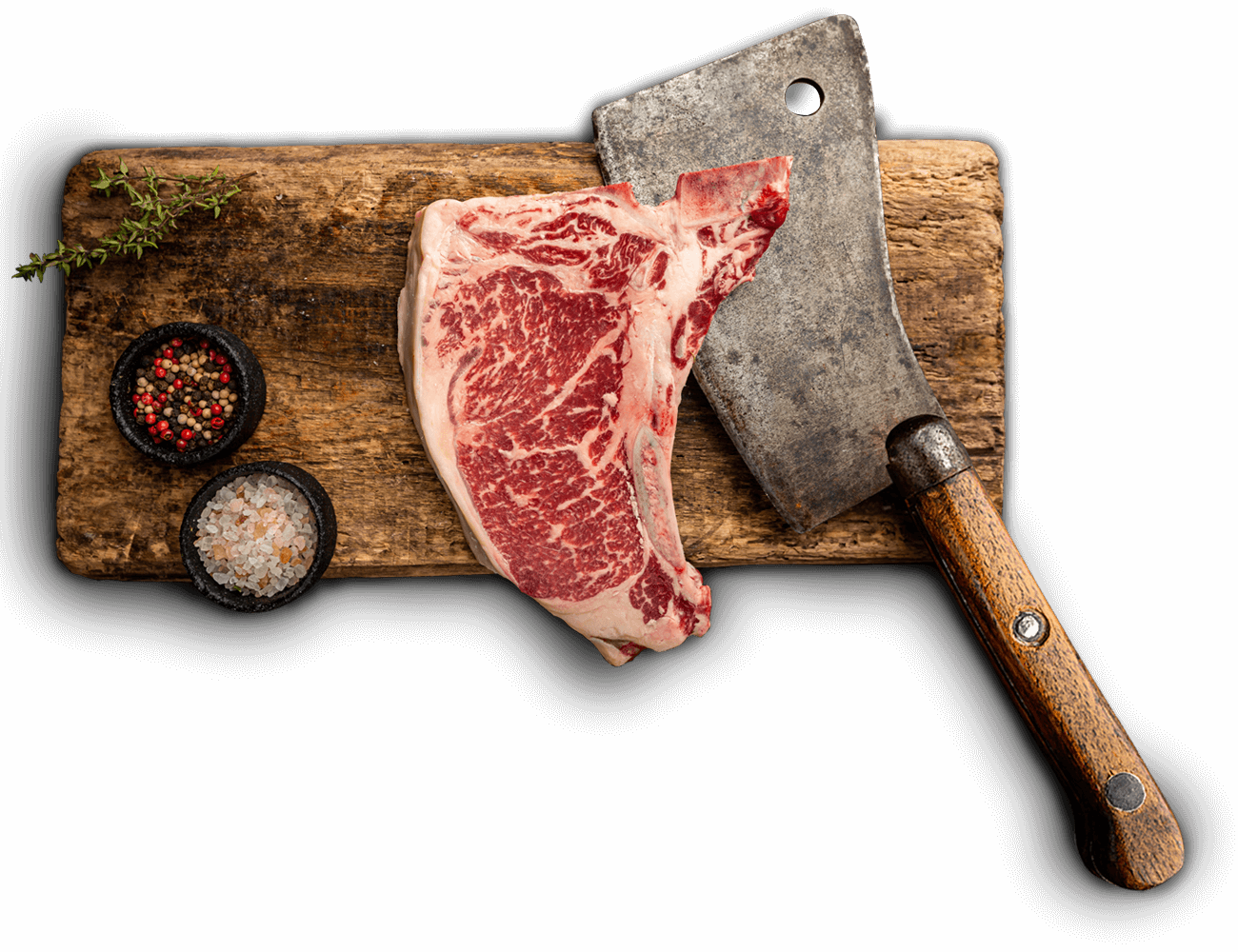a premium t-bone steak on wooden board at Longhorn Butchery